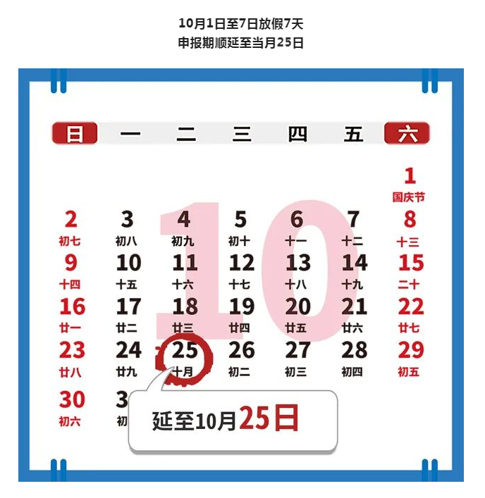 10月申報(bào)納稅期延長(zhǎng)至25日