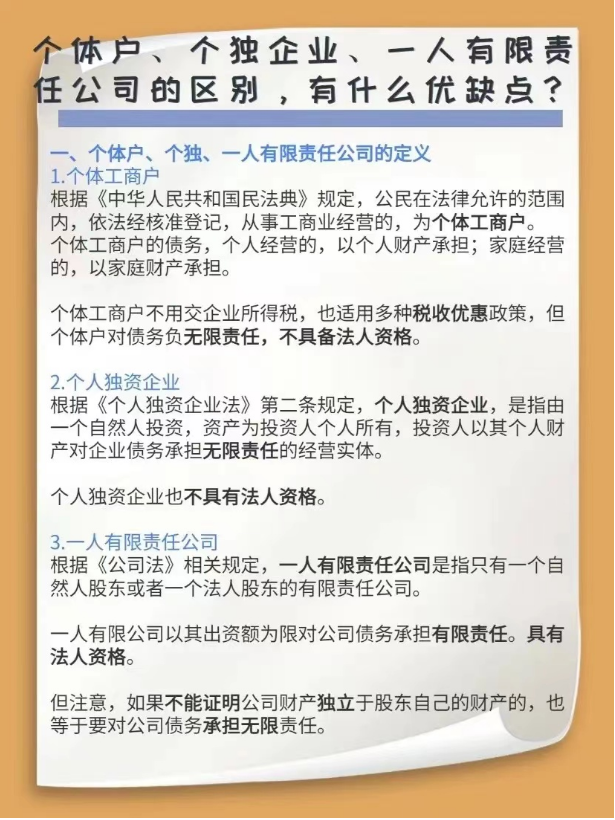 個體戶、個獨企業(yè)、一人有限責任公司的區(qū)別，有什么優(yōu)缺點