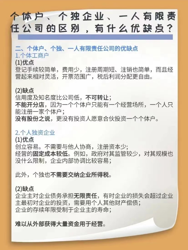 個體戶、個獨企業(yè)、一人有限責任公司的區(qū)別，有什么優(yōu)缺點